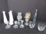 Lot - Milk Glass Bud Vases, 5 Single Candle Sticks, Green Glass Bottle Relief Foliage Pattern