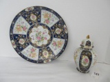 Porcelain Floral Spray/Cobalt Panel Design Charger Plate 10 1/4