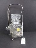 Pressed Glass Pickle Caster w/ Pierced Design Handled Stand, Fork & Drip Cup