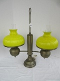 Early Student Converted Oil Lamp w/ Double Yellow Case Glass Ribbed Pattern Shades