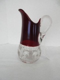 US Glass King's Crown Ruby Flash Pitcher w/ Applied Handle 8 1/8