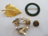 3 Ladies Brooches Gold Tone Leaf, Green Enamel, Faux Pearls/Foliate Design & Other