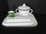 Lot - Enamelware Rectangle Tray, Covered Double Handled Cup, Dipper w/ Spout