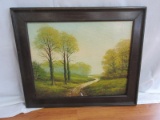 Country Road Scenic Landscape Original Oil on Canvas Artist Signed in Rustic Pine Frame