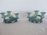 Pair - Roseville Pottery Triple Candleholders Wincraft Art Deco Pattern #253 Circa 1948