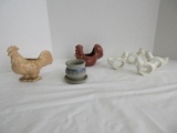 Lot - 4 Ceramic Chicken Napkin Rings, 2 Rooster Planters & Small Pottery Planter