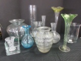 Lot - Pressed/Hand Blown Vases Clear, Green & Blue Various Shapes & Sizes