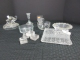 Lot - Crystal/Pressed Glass Individual Salt Cellars, Covered Butter Dish, Candle Stick