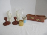 Lot - Pair Ceramic Candle Sticks, Pair Ceramic Swan Vases, Hurricane Oil Lamp Shade