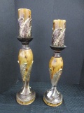 Pair - Molded Classic Modern Pillar Candle Stands w/ Matching Candles Gilted Acanthus Leaf