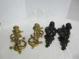 Lot - Pair - Dart Molded Candle Wall Sconces Scroll Foliage/Flower Design Gilted Patina 13