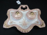 Porcelain French Inspired Double Inkwell Floral Spray Design w/ Gilted Trim