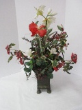 Winter Greenery & Berry Arrangement in Tin Antiqued Patina Planter on Paw Feet