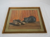 Black Cat Playing w/ Shoe String Original Watercolor Artist Signed Stroud '82
