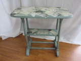 Shabby Chic Teal Painted Side Table w/ Decoupage Sheet Music/Theater Clips & Base Shelf