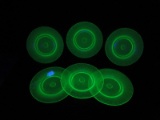 Set - 6 Uranium Green Stretch Iridescent Glass Plates