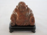 Carved Stone Sitting Happy Buddha Sculpture Figurine w/ Footed Base