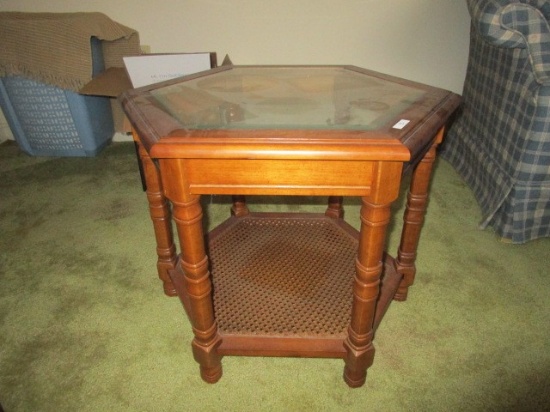 Hexagonal Wooden Side Table Glass Top, Wicker Lower Shelf, Block-Spindle Legs