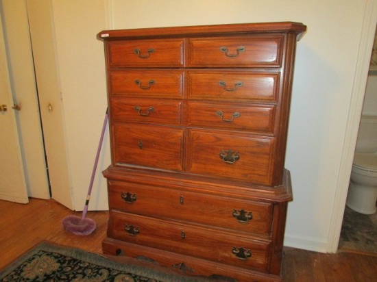 Wooden Tall Dresser by Bassett Furniture w/ 6 Drawers, Brass Pulls