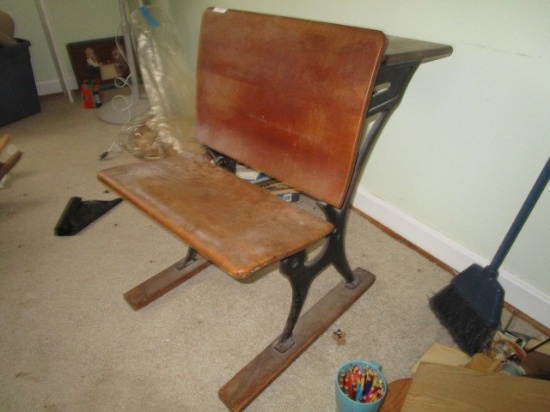 Vintage Wooden School Desk w/ Curved Cast Iron Sides