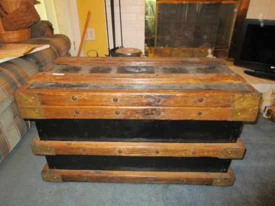 Wooden Vintage Brass Cornered Chest, Black Metal Body w/ Handles