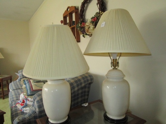 Pair - Urn Design White Ceramic Lamps w/ Black Wood Base w/ Shade
