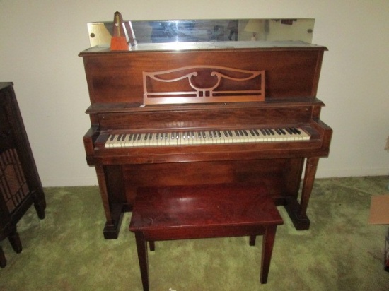 Wooden Body Piano Glass Mirror Top w/ Brass Floral Finials, Narrow Column Legs