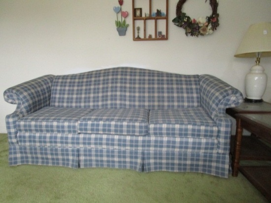 Craftsmaster Furniture Blue/White Checkered 3 Seat Couch w/ Wood Block Feet, Arch Top