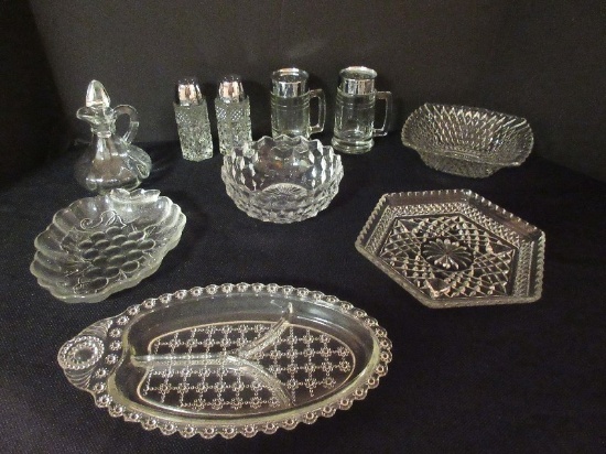 Lot - Pressed Glass Wexford Pattern Footed Hexagonal Shaped Dish, Salt/Pepper Shakers