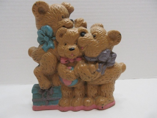 Painted Cast Iron Door Stop 3 Teddy Bears w/ Bows