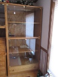 Oak Display Cabinet w/ Built in Lighting Glass Panel Doors & Base Drawers