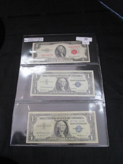 3 Pack 1953-B Two Dollar Bill, 1957-B Silver Certificate, 1957 Silver Certificate