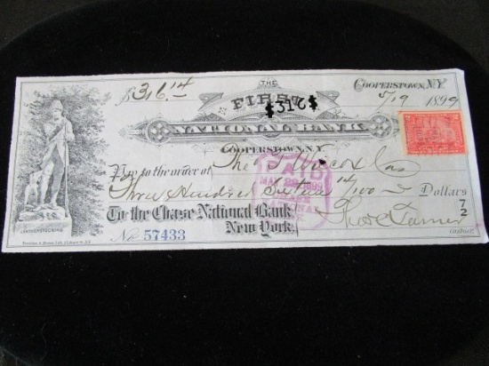 Old Check from 1899 w/ First Day Issue Stamp The First National Bank Cooperstown N.Y.