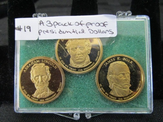 3 Pack of Proof Presidential Dollars Zachary Taylor, Abraham Lincoln, James K. Polk