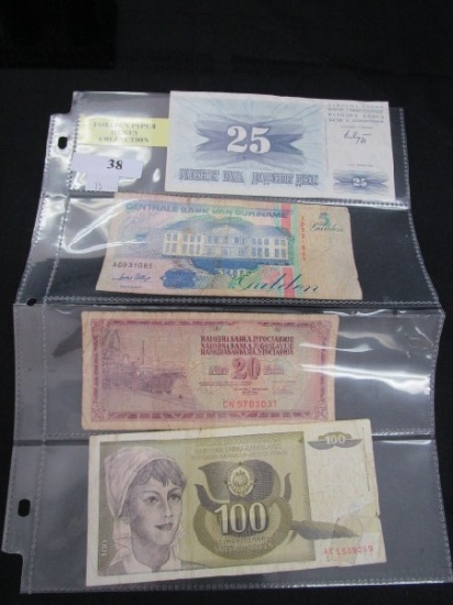 4 Foreign Paper Money Collection Bosnian Republic Dutch Gulden, Yugoslavian 20, 100