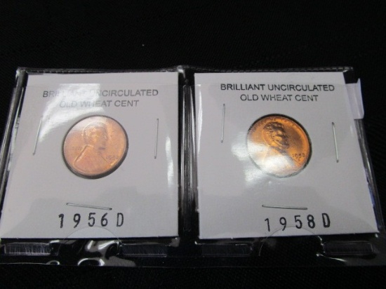 2 Brilliant Uncirculated Old Wheat Cents 1956D-1958D