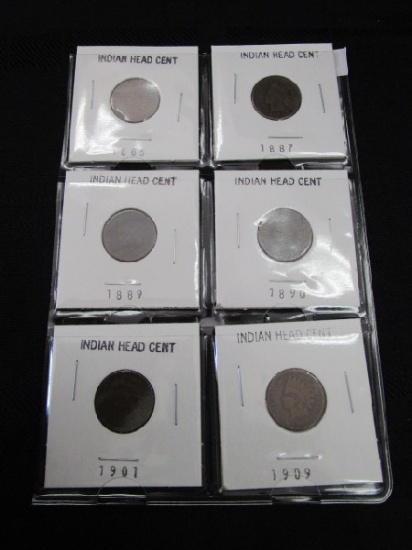 6 Indian Head Cents 1885, 1887, 1889, 1890, 1901, 1909