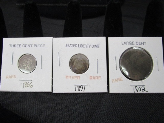 3 Old Type Coins, 1 Silver Rare Sealed Liberty Dime 1981, Rare 1866 Three Cent Piece