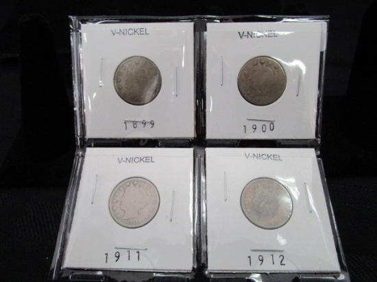 4 V-Nickels 1899, 1900, 1911, 1912