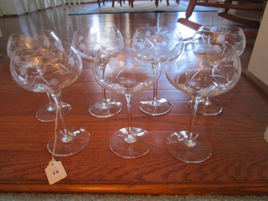 7 Crystal Glass Champagne Saucers w/ Etched Wheat/Floral Motif