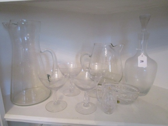 Glass Lot - 2 Clear Glass Pitchers, 4 Champagne Saucers, Waterford Crystal Oval Dish