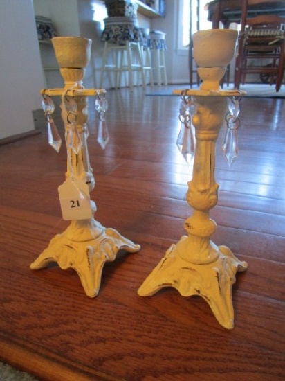 2 White Metal Grecian/Acanthus Leaf Deign Candle Holders w/ Prisms