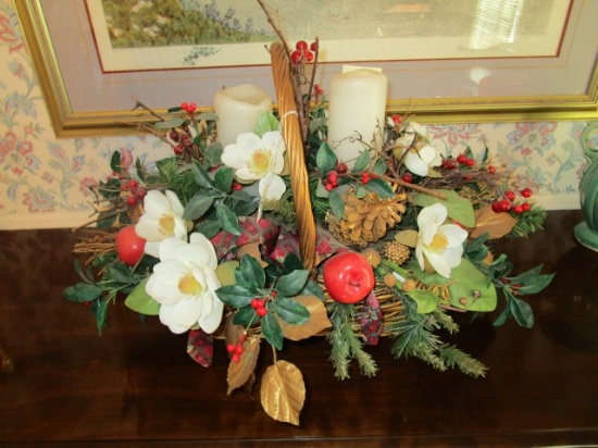 Large Gilted Basket w/ Faux Apples, Berries, Flowers/Pine