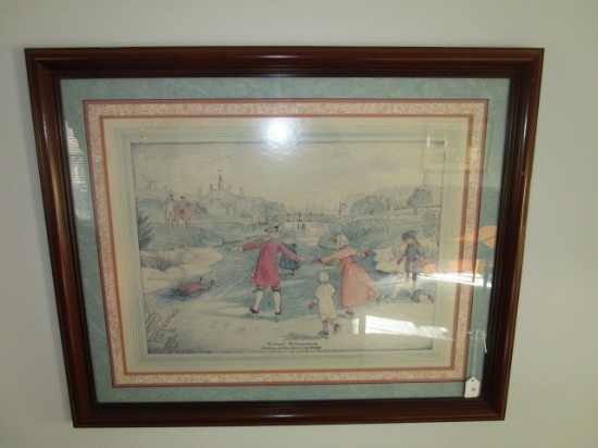 Colonial Williamsburg Skating at The Spotsburg Bridge Vintage Print