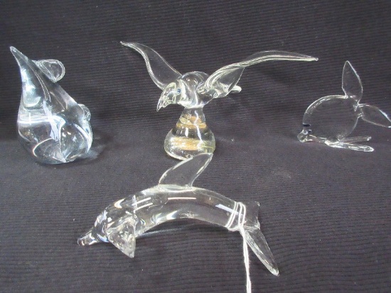 4 Artisan Hand Crafted Crystal Animal Figurines 4" Plump Mouse, Dolphin, Angel Fish