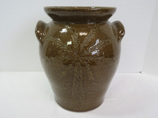Southern Pottery Doubled Handled Crock Vessel Artisan Signed Marvin Bailey