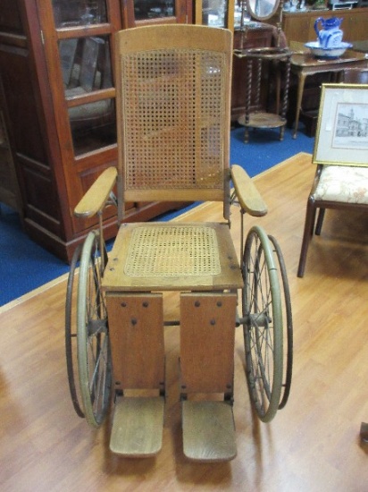 Early Gendron Wheel Co. Oak Wheel Chair w/ Cane Back/Seat Metal Frame Original Label