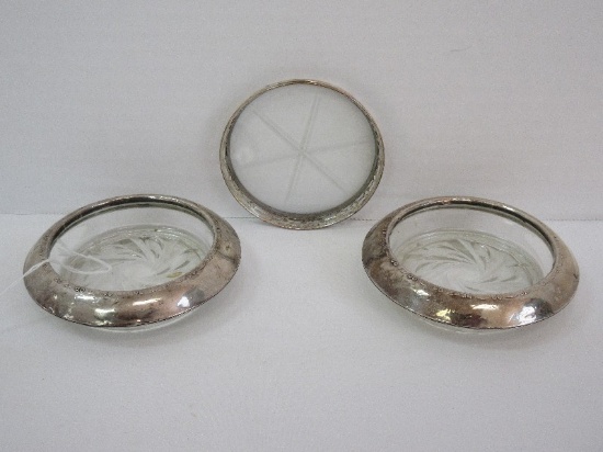 Lot - 2 Amston Sterling Rim Crystal Coasters & Sterling Pierced Gallery Crystal Coaster