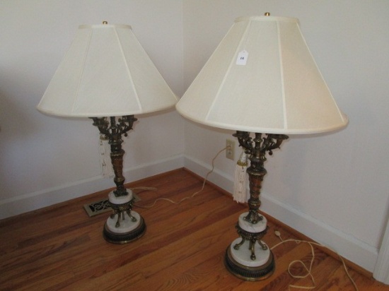 Pair - Tall Table Lamps 4 Candle Arms, Acanthus Leaf Twist Body, Bead/Scalloped Base