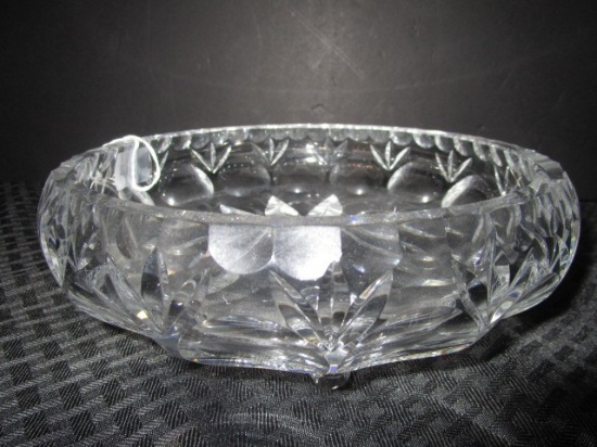 Crystal Glass Wide Fruit Bowl Carved Bubble Motif/Trim, Leaf Pattern/Cut Base w/ Pad Feet
